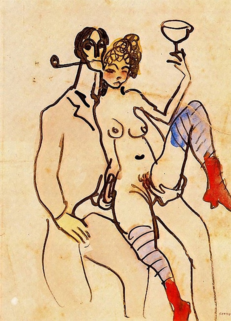 Pablo Picasso, Angel Fernandez de Soto with a Woman, 1902,  indian ink, watercolor  on paper, 21 x 15.2 cm,  Museu Picasso, Barcelona, Spain  