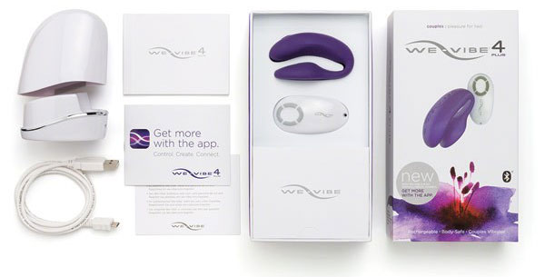 In the box: We-Vibe 4 Plus couples vibrator | Wireless remote control | Charging base | Discreet storage case | USB cable | Instruction manual