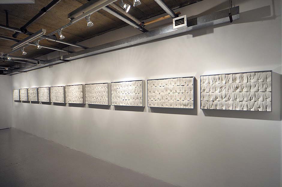 Jamie Mc Cartney, The great wall of vagina, exhibition view of all ten panels. The 9 metre long polyptych consists of four hundred plaster casts of vulvas, all of them unique, arranged into ten large panels.