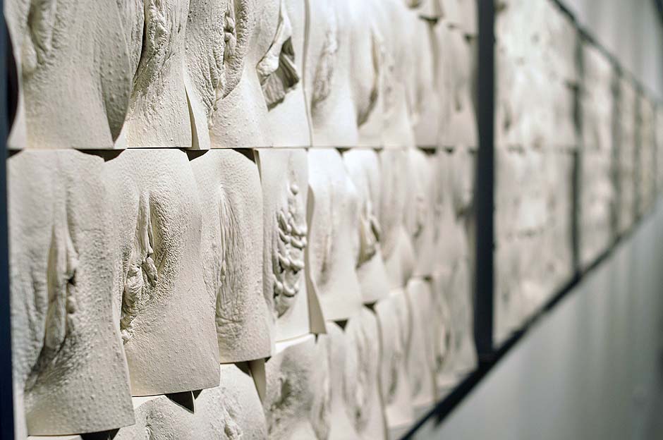 Jamie Mc Cartney, The great wall of vagina, exhibition view. The 9 metre long polyptych consists of four hundred plaster casts of vulvas, all of them unique, arranged into ten large panels.